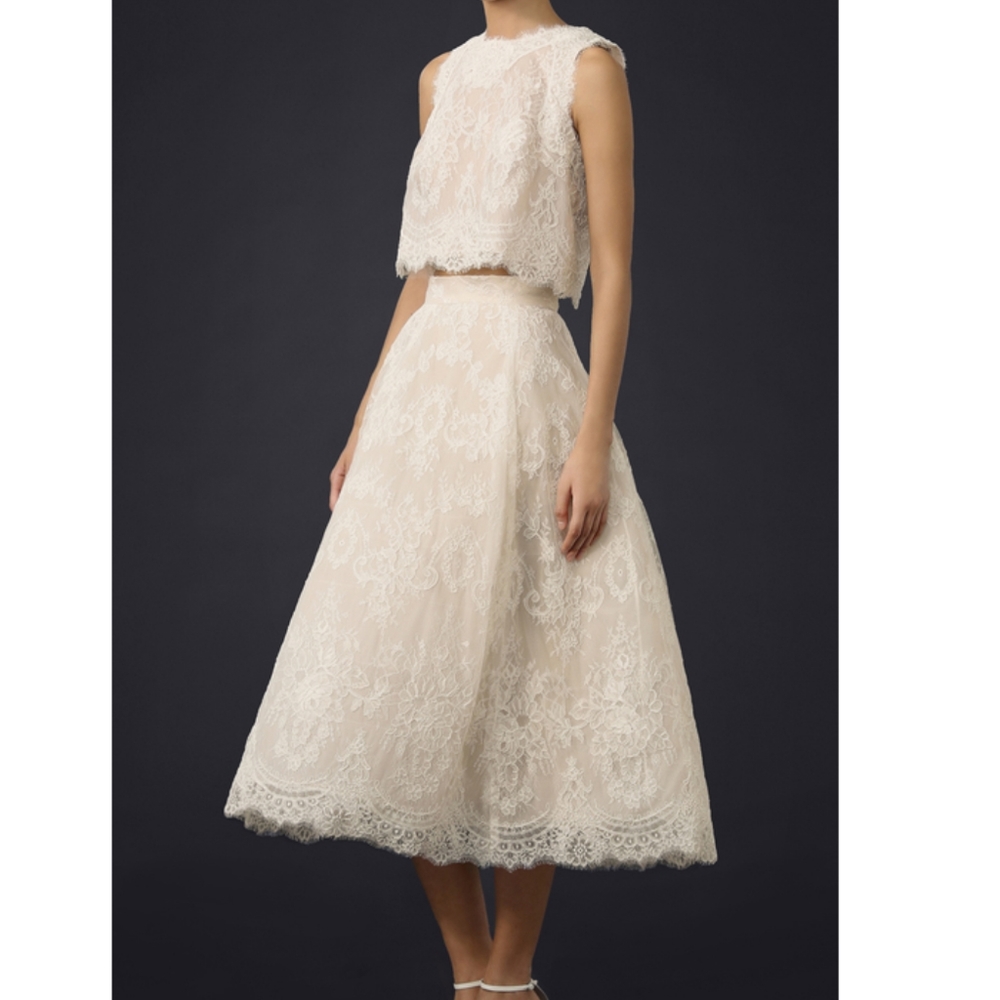 Monique Lhuilier Lace Crop Top & Tea Length Skirt